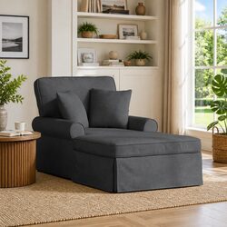 Modern Grey Fabric Chaise Lounge with Skirt and Cushions