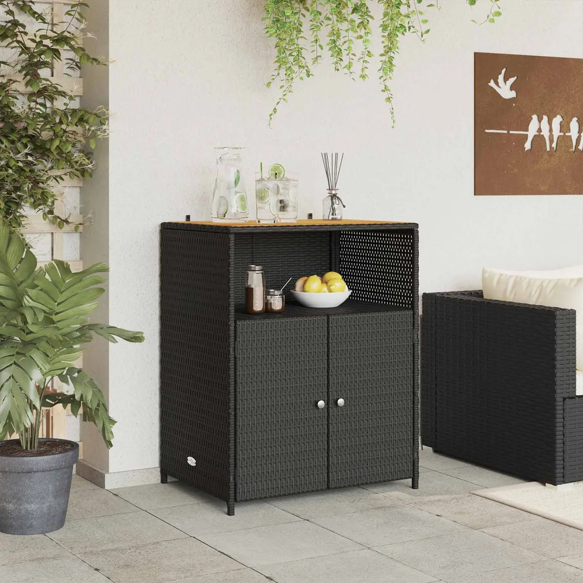 Storage Cabinet Indoor Outdoor Shelving Black 70x50x87cm Rattan
