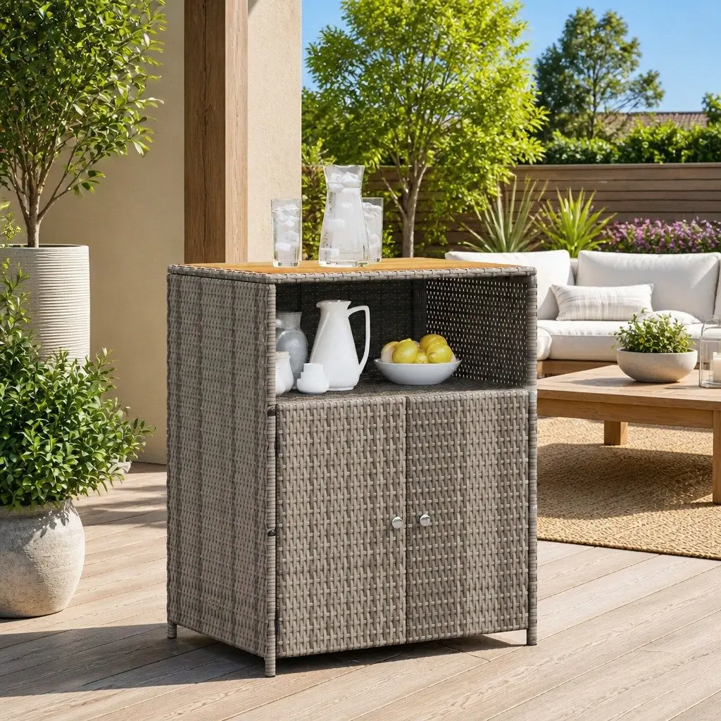 Storage Cabinet Grey 70x50x87cm Acacia Wood Top Rattan Doors