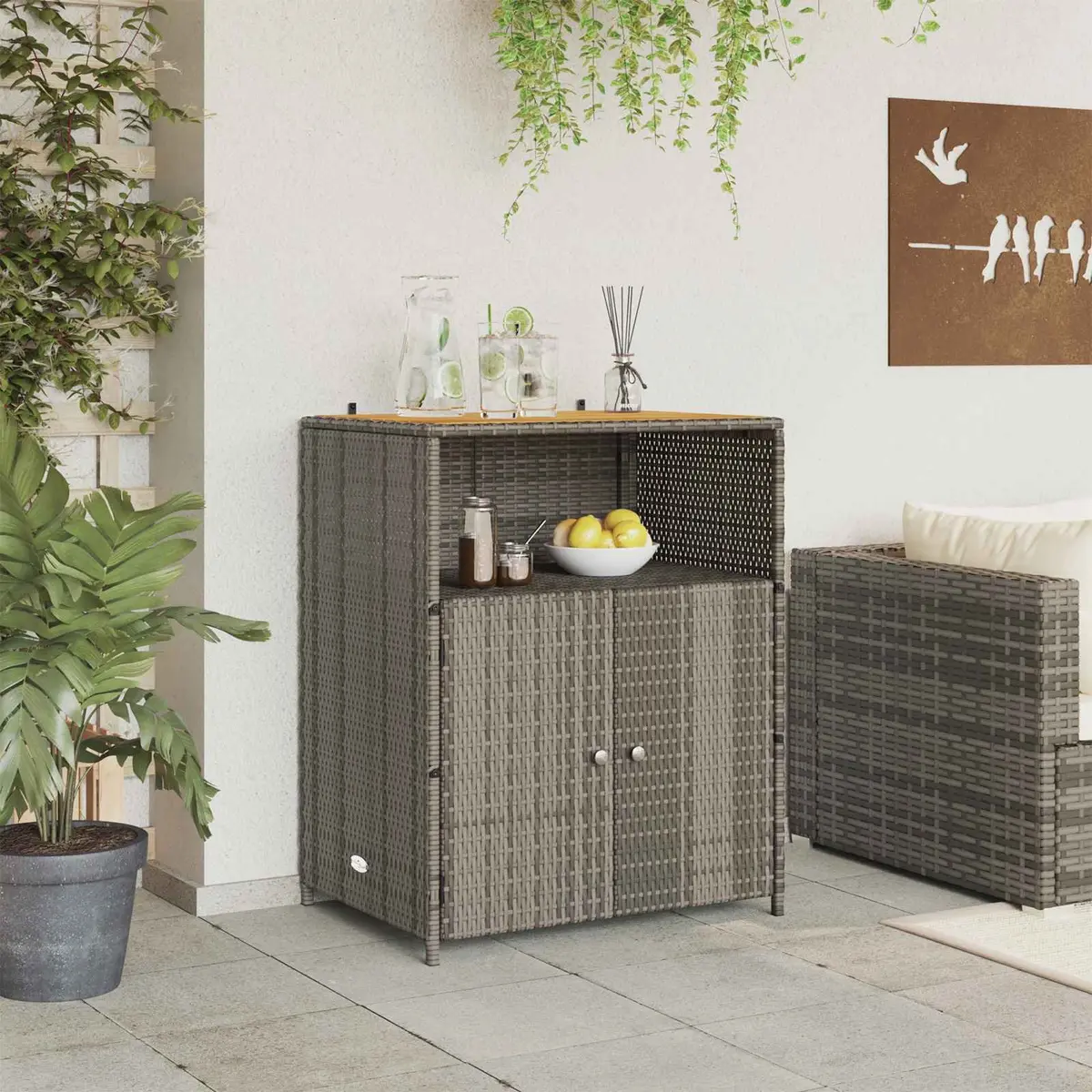 Storage Cabinet Grey 70x50x87cm Acacia Wood Top Rattan Doors