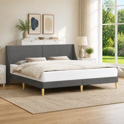 Plywood Bed Frame with Fixed Slatted Base and Fabric Headboard