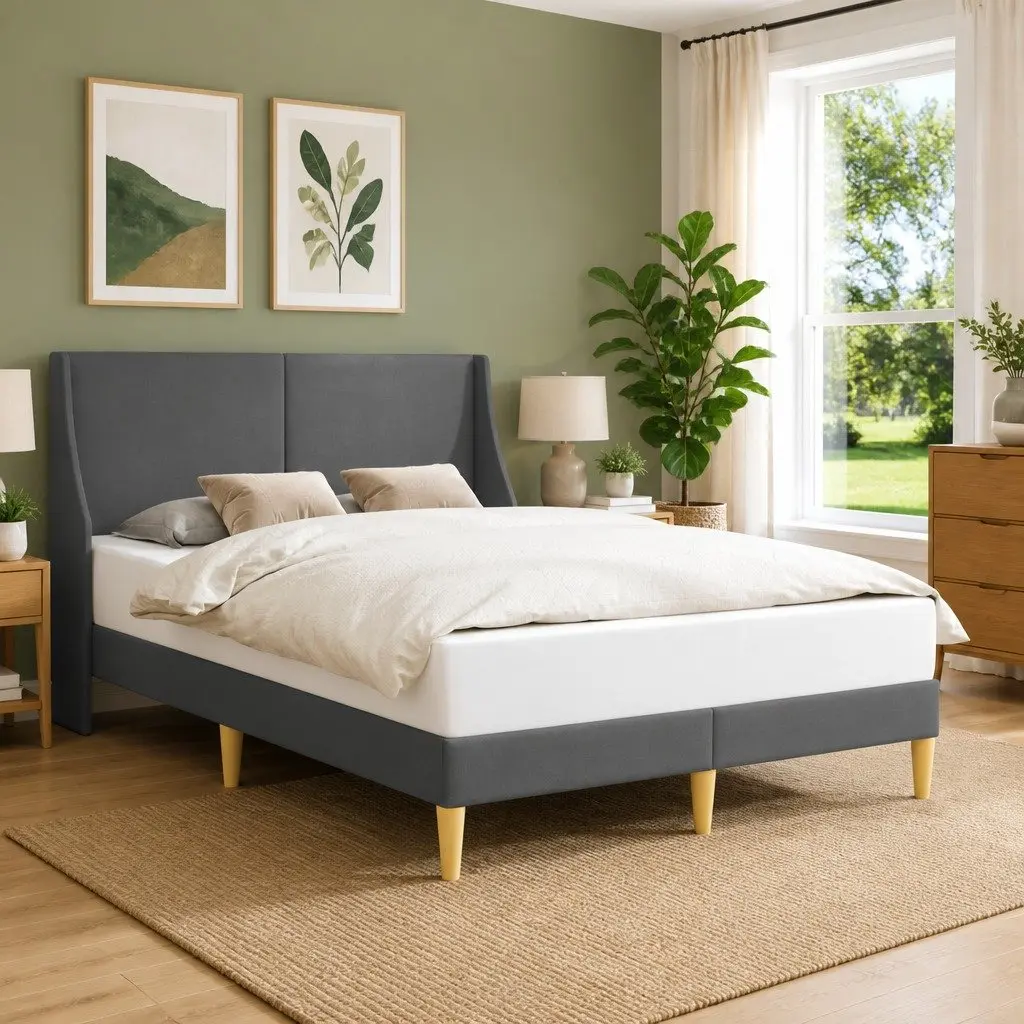 Bed Frame with Dark Grey Fabric Headboard Rectangular Modern 137 x 190 cm