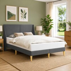 Rectangular Bed Frame with Dark Grey Fabric Headboard