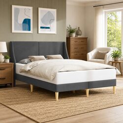 Dark Grey Bed Frame with Fabric Headboard 153 x 203 cm