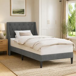 Grey Velvet Bed Frame with Headboard, Plywood Base 90 x 190 cm