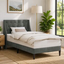 Modern Dark Grey Bed Frame with Velvet Headboard