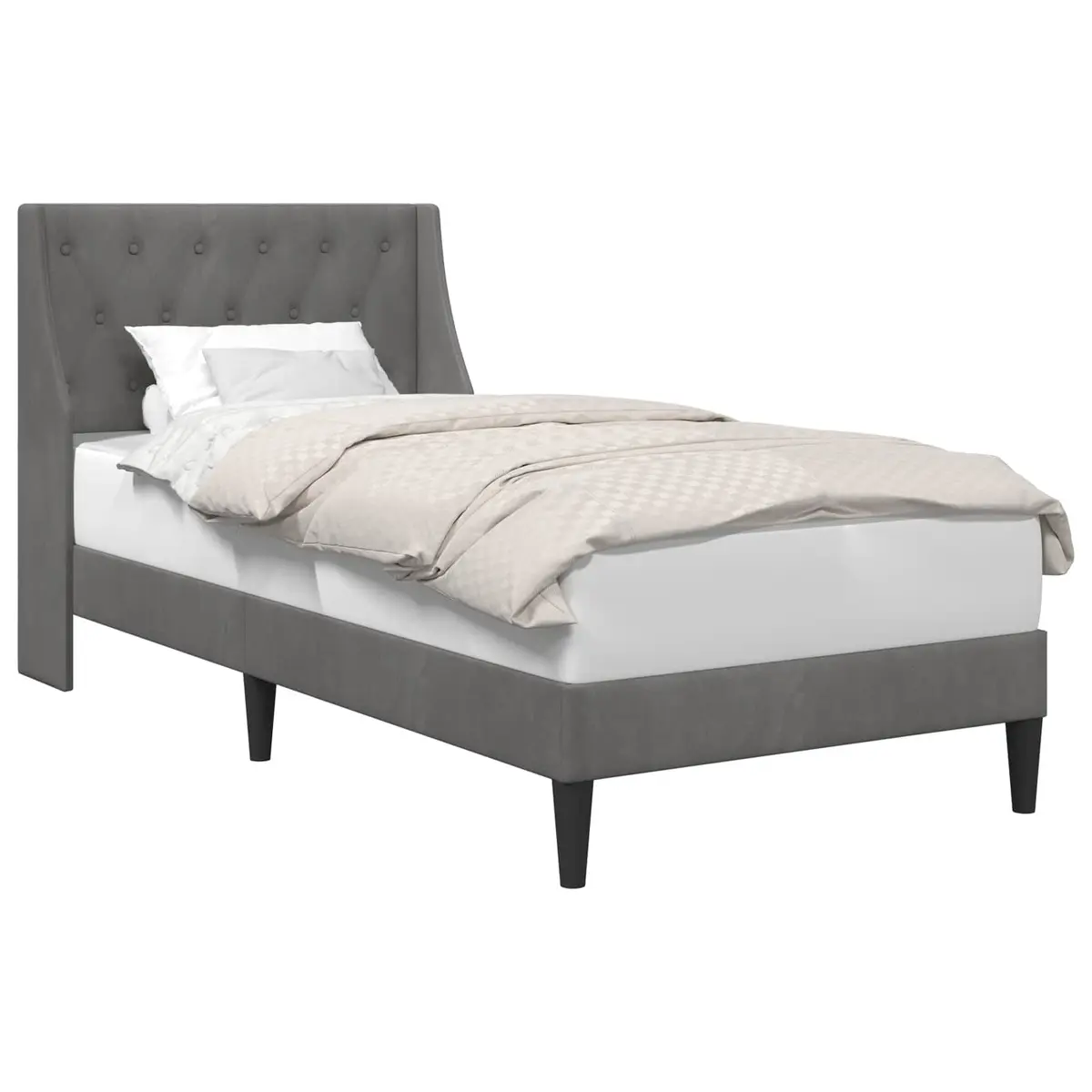 Bed Frame Modern Velvet Headboard Slatted Base Dark Grey