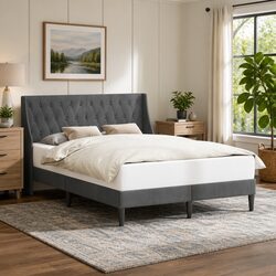 Bed Frame with Slatted Base and Velvet Headboard 153 x 203 cm