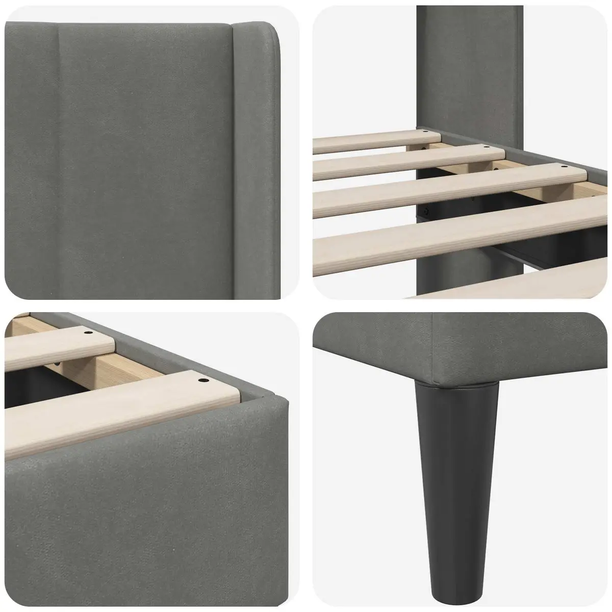 Bed Frame with Slatted Base Dark Grey Velvet Headboard Plywood Construction Tapered Legs