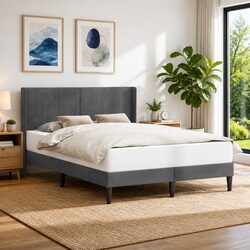 Bed Frame with Velvet Headboard 137 x 190 cm, Dark Grey
