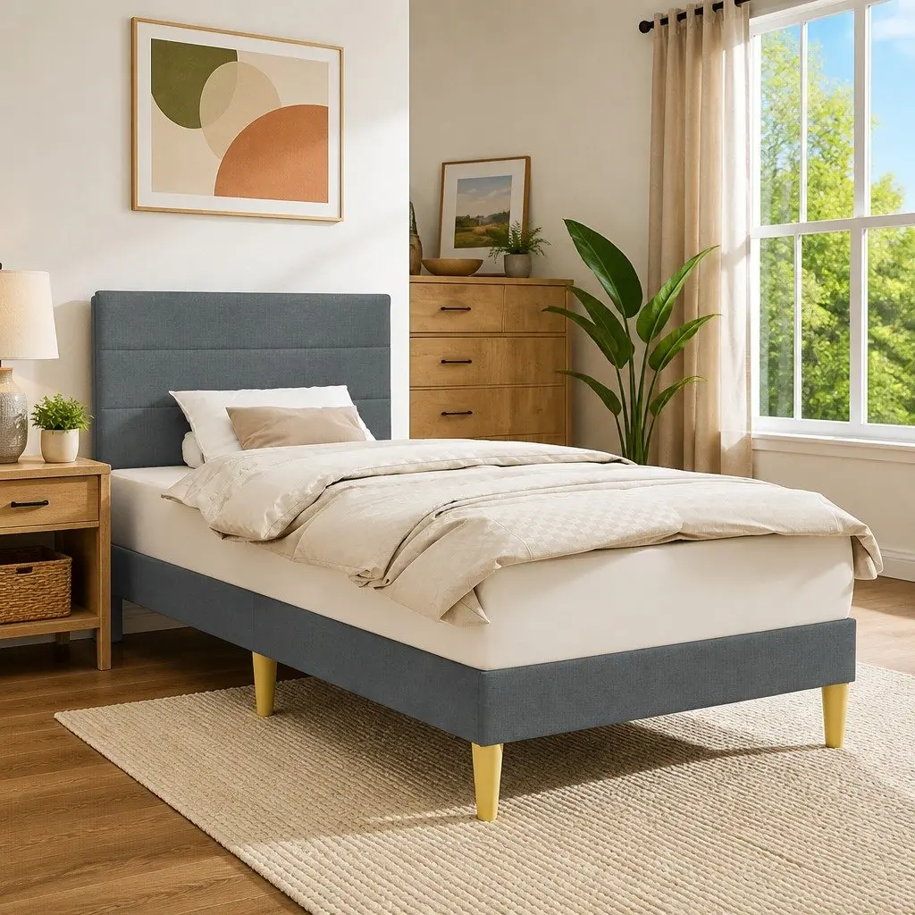 Grey Fabric Bed Frame with Headboard Modern Bedroom Furniture 90 x 190 cm