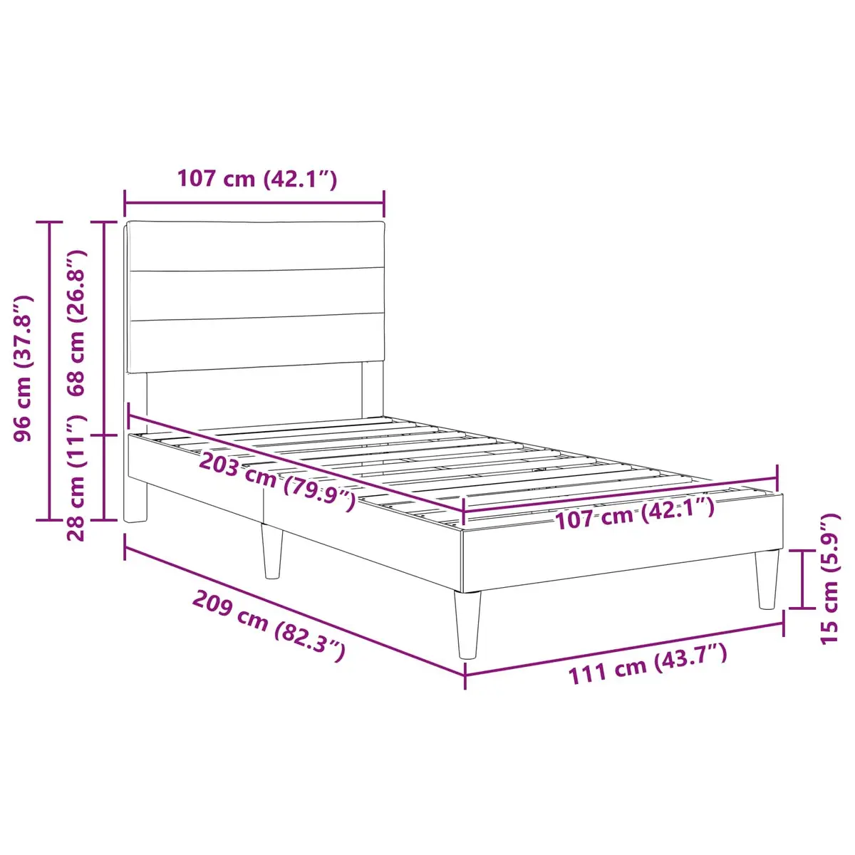 Bed Frame Fabric Upholstered Headboard Dark Grey 107 x 203 cm Modern