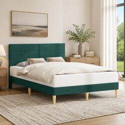 Plywood Bed Frame with Dark Grey Fabric Headboard 153x203cm