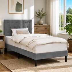 90 x 190 cm Bed Frame with Dark Grey Velvet Headboard
