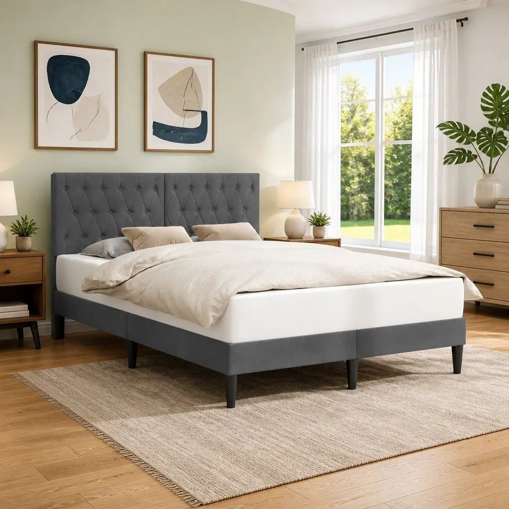Bed Frame with Headboard Modern Dark Grey Velvet 137 x 190 cm