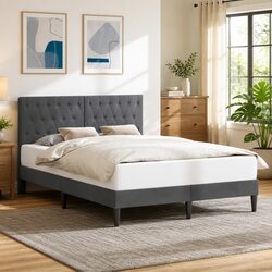 Dark Grey Bed Frame with Velvet Headboard 153 x 203 cm