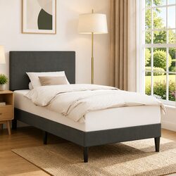 Modern Bed Frame with Headboard in Dark Grey Corduroy