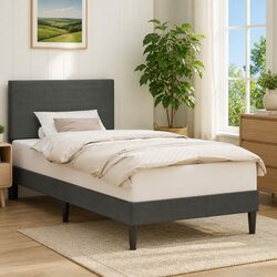 Modern Bed Frame with Headboard in Dark Grey Corduroy