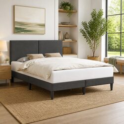 Dark Grey Corduroy Bed Frame with Fixed Slatted Base 153x203cm