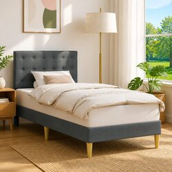 Plywood Bed Frame with Upholstered Headboard, Dark Grey 107 x 203 cm