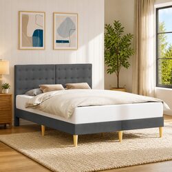 Bed Frame with Fabric Headboard 137 x 190 cm Dark Grey
