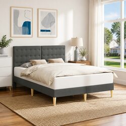 Bed Frame with Fabric Headboard Dark Grey 153 x 203 cm