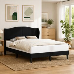 Black Bed Frame with Headboard 152 x 203 cm Faux Leather