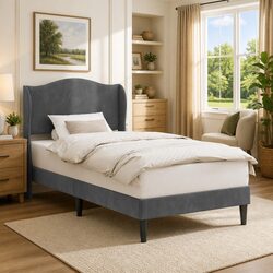 Dark Grey Bed Frame with Velvet Headboard, 107 x 203 cm