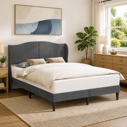 Plywood Bed Frame with Dark Grey Velvet Headboard 137 x 190 cm