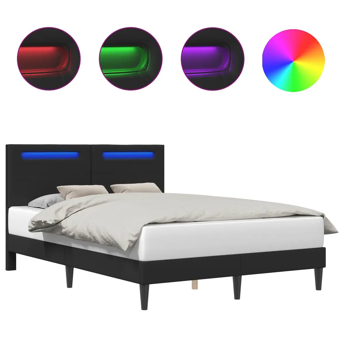Faux Leather Black Bed Frame with Integrated LED Strip Lights USB Powered 153x203cm