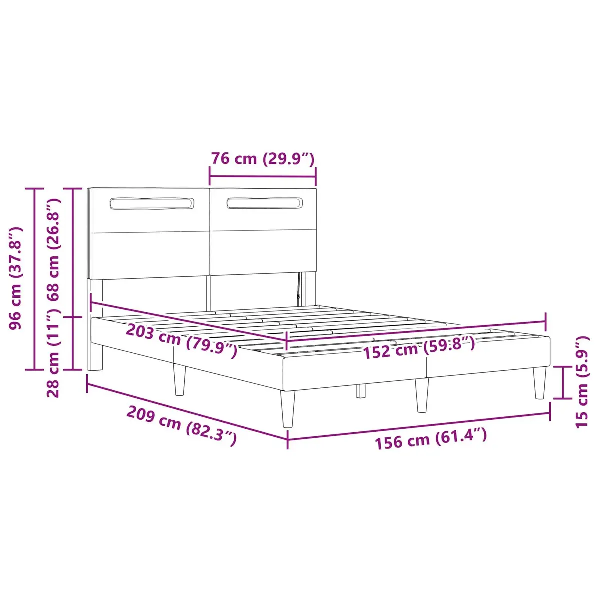 Faux Leather Black Bed Frame with Integrated LED Strip Lights USB Powered 153x203cm