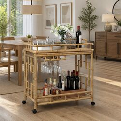 Indoor Bamboo Wine Trolley with Lockable Wheels
