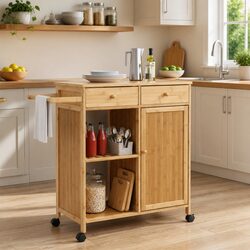 Bamboo Kitchen Trolley with Wheels and Storage Features
