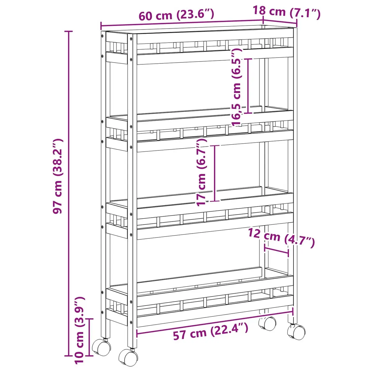 Kitchen Trolley with Wheels Organiser 60x18x97cm Brown 4-Tier