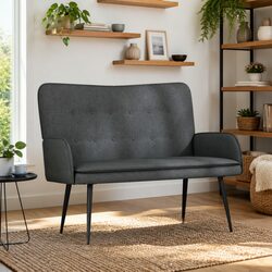 Two-Seater Grey Fabric Sofa with Button-Tufted Design
