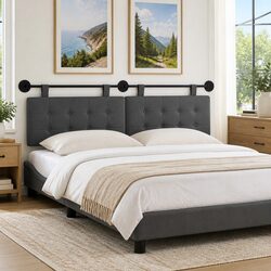 Wall-Mounted Grey Fabric Headboard with Engineered Wood
