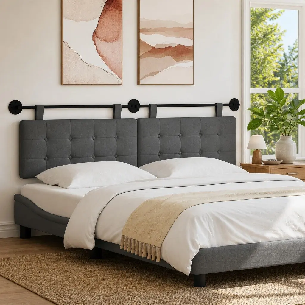 Hanging Headboard Wall Mount Fabric Upholstered Modern Grey