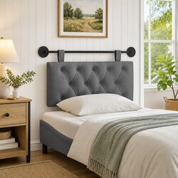 Wall-Mounted Hanging Headboard in Grey Upholstery