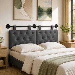 Wall-Mounted Hanging Headboard in Grey Fabric with Tufting