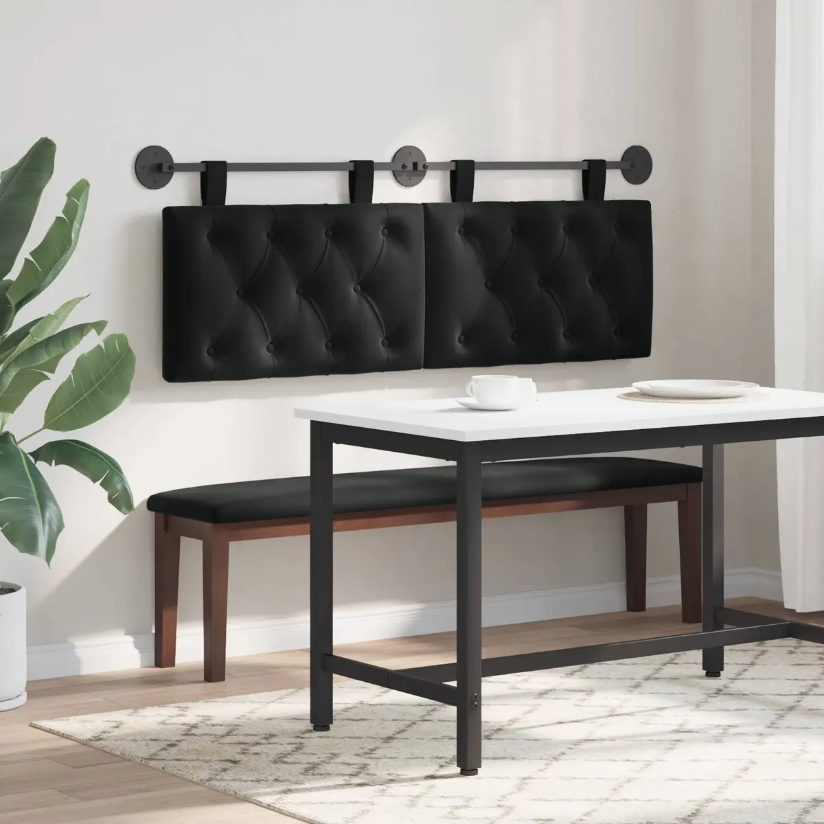 Hanging Headboard LED Light Modern Black Velvet Button Tufted Wall Bedroom