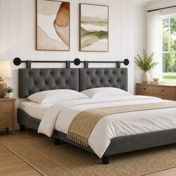 Grey Fabric Wall-Mounted Headboard with Button-Tufting