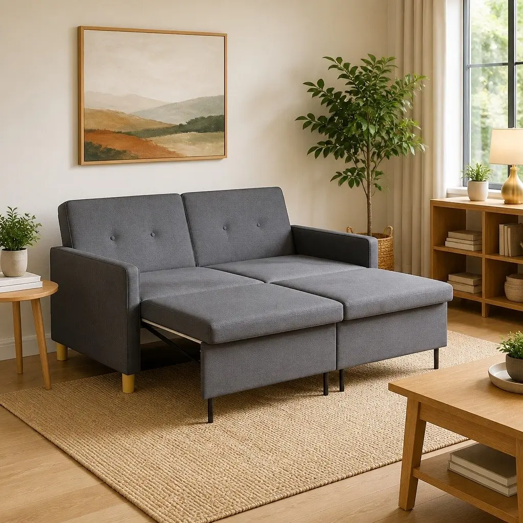 Sofa Bed Dark Grey Fabric Foldable Legs Adjustable Backrest Space Saving
