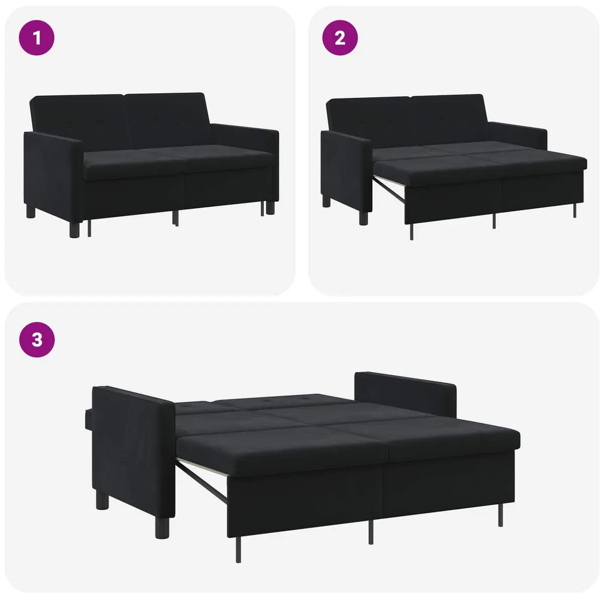 Sofa Bed Adjustable Backrest Compact Black Fabric Pull-Out Lounge Seating