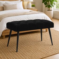 Button Tufted Bench with Foam Cushion in Black Velvet