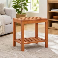 End Table Made of Solid Acacia Wood with Two-Tier Storage