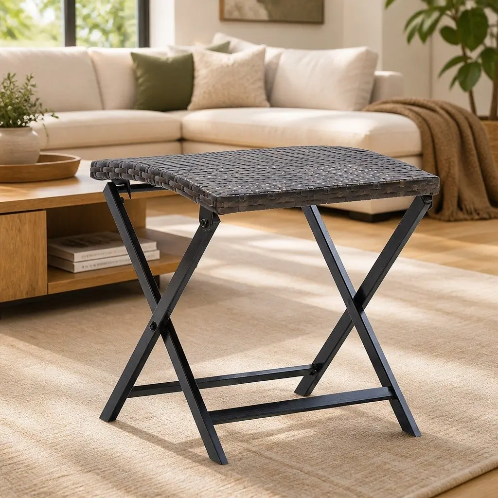 Folding Stool Lightweight Portable Brown PE Rattan Outdoor Garden
