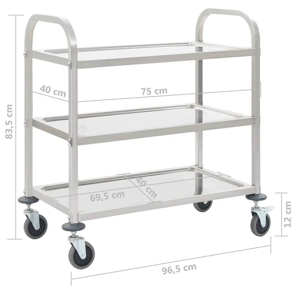 3-Tier Kitchen Trolley Stainless Steel Rolling Castors Silver