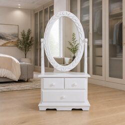 White MDF Vanity Makeup Table with Oval Mirror and Storage