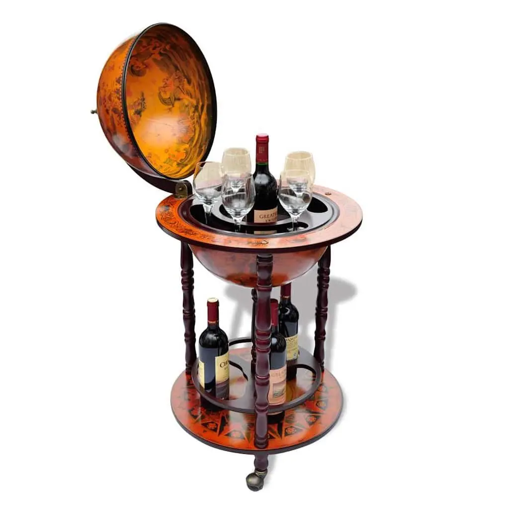 Wooden Globe Bar Cabinet with Storage and Wheels Brown