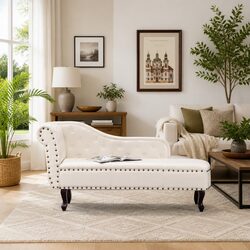 Chaise Longue in Cream White Faux Leather with Wooden Legs